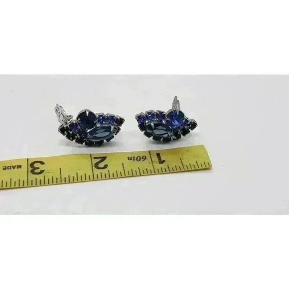 Vintage Earrings Rhinestone big Blue cabochon Prong Set Clip On Open Back - Picture 5 of 5